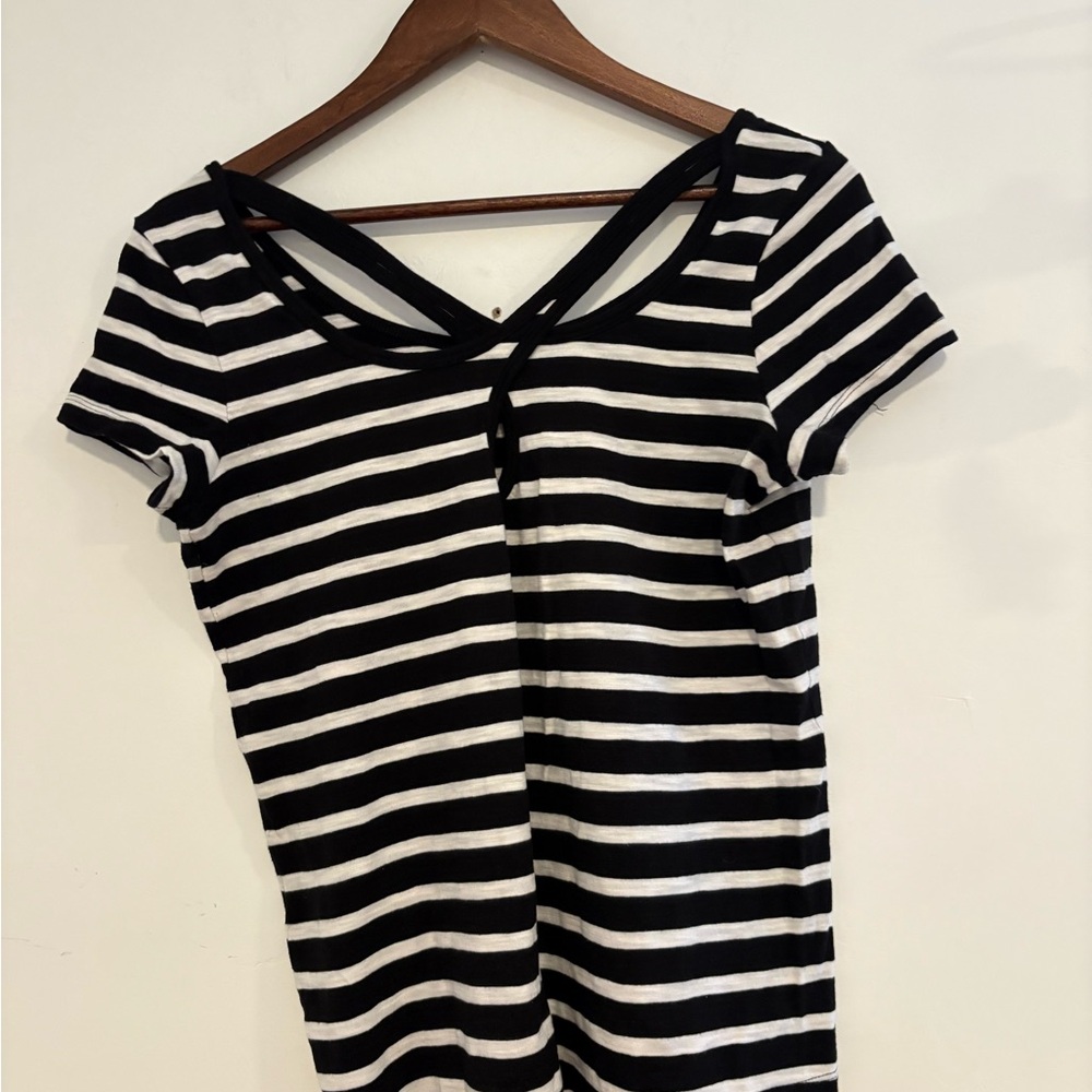 White House Black Market Striped Crisscross Back Scoop Neck Short Sleeve Top - Picture 3 of 5